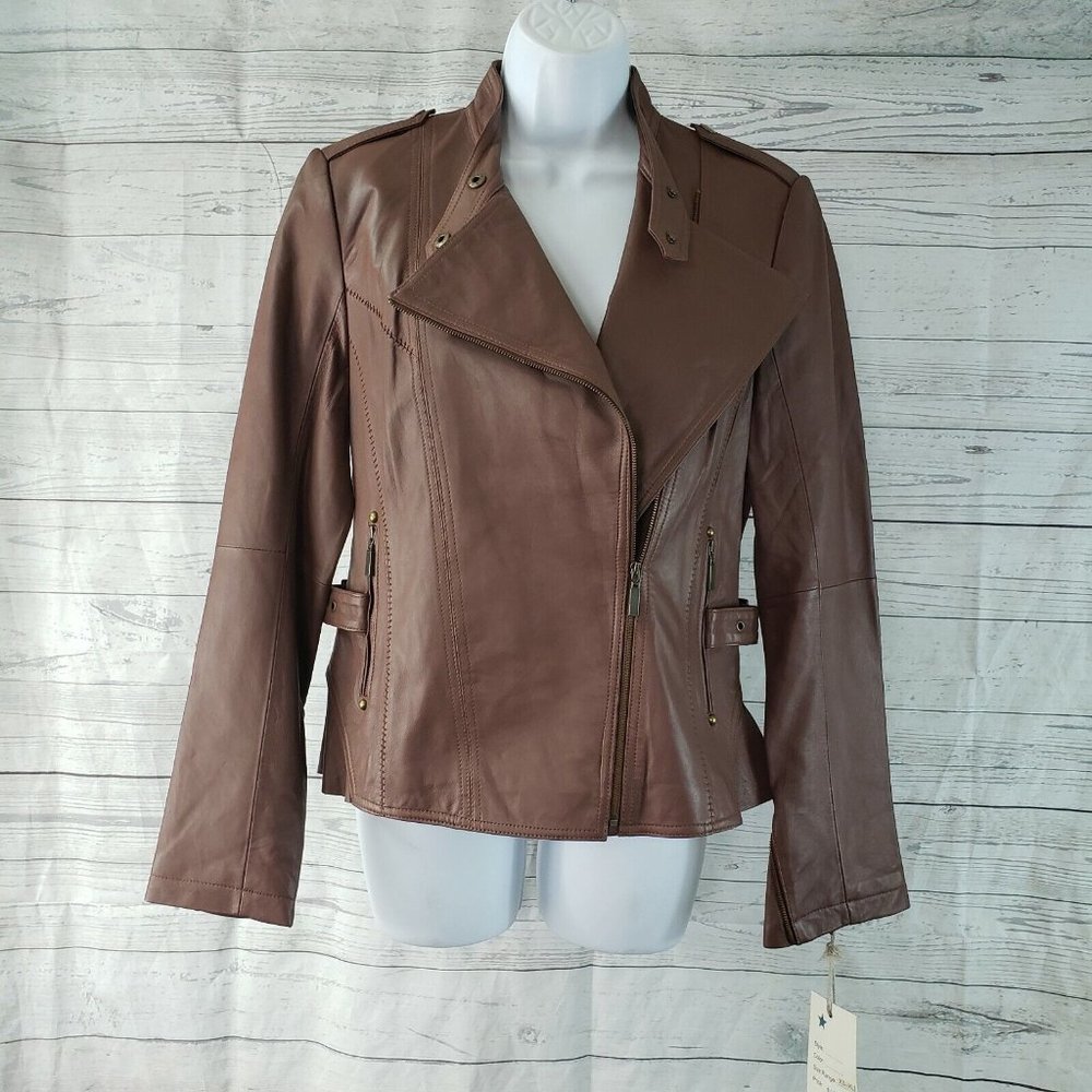 In Suede Womens Leather Moto Jacket Sz Small Brown Zips